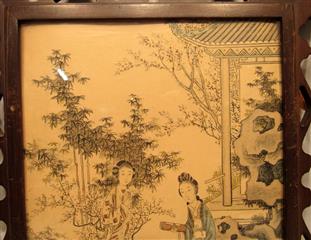 Set of 2 Grisaille Style Asian Ink Drawings Framed In Matching Latice Cutout Woo
